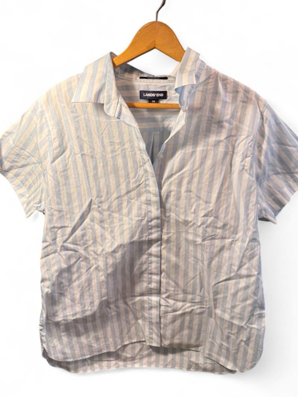 Lands' End Women's Short-Sleeve Button-Down Shirt in Light Blue & White Stripe